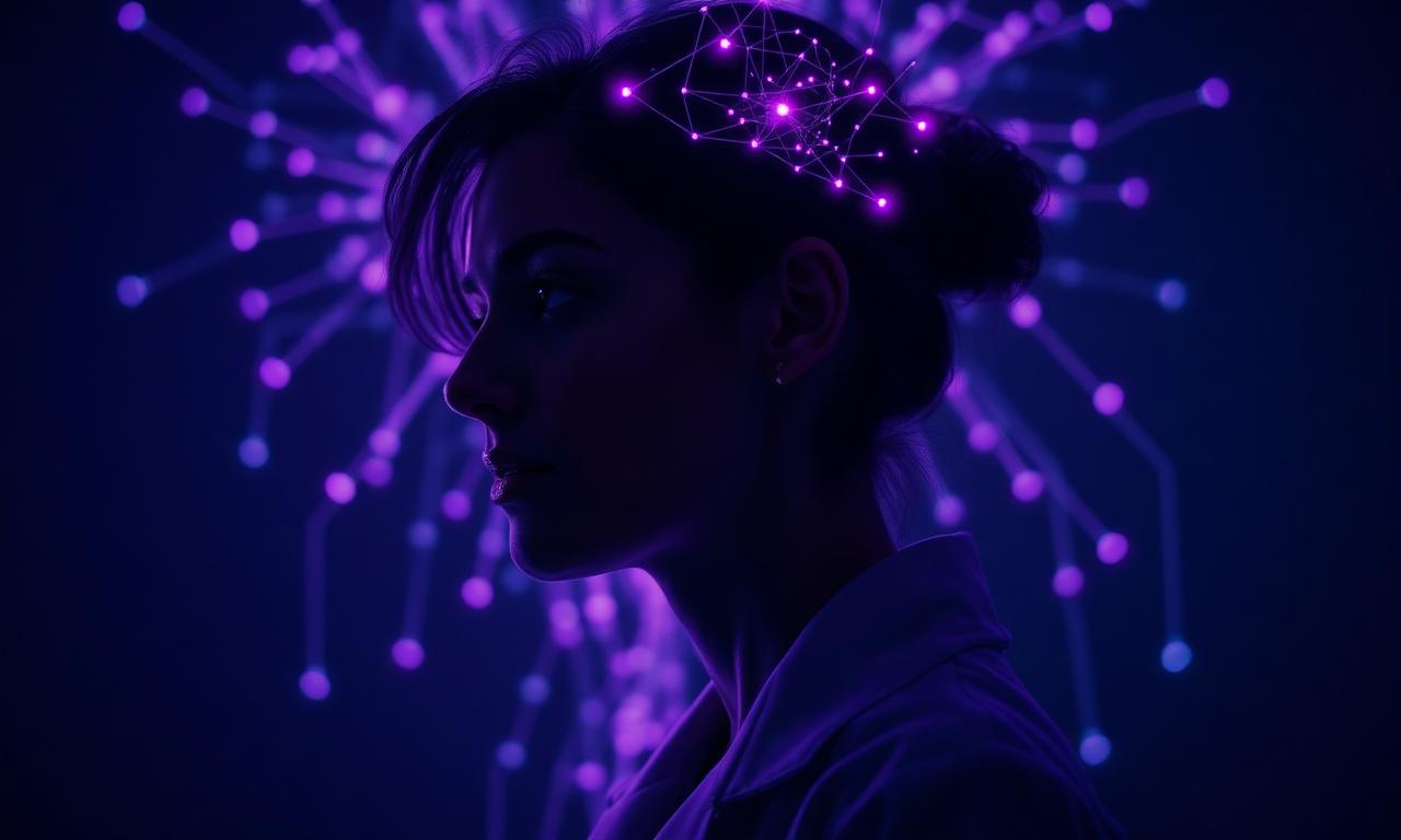 Scientist with glowing purple neural network