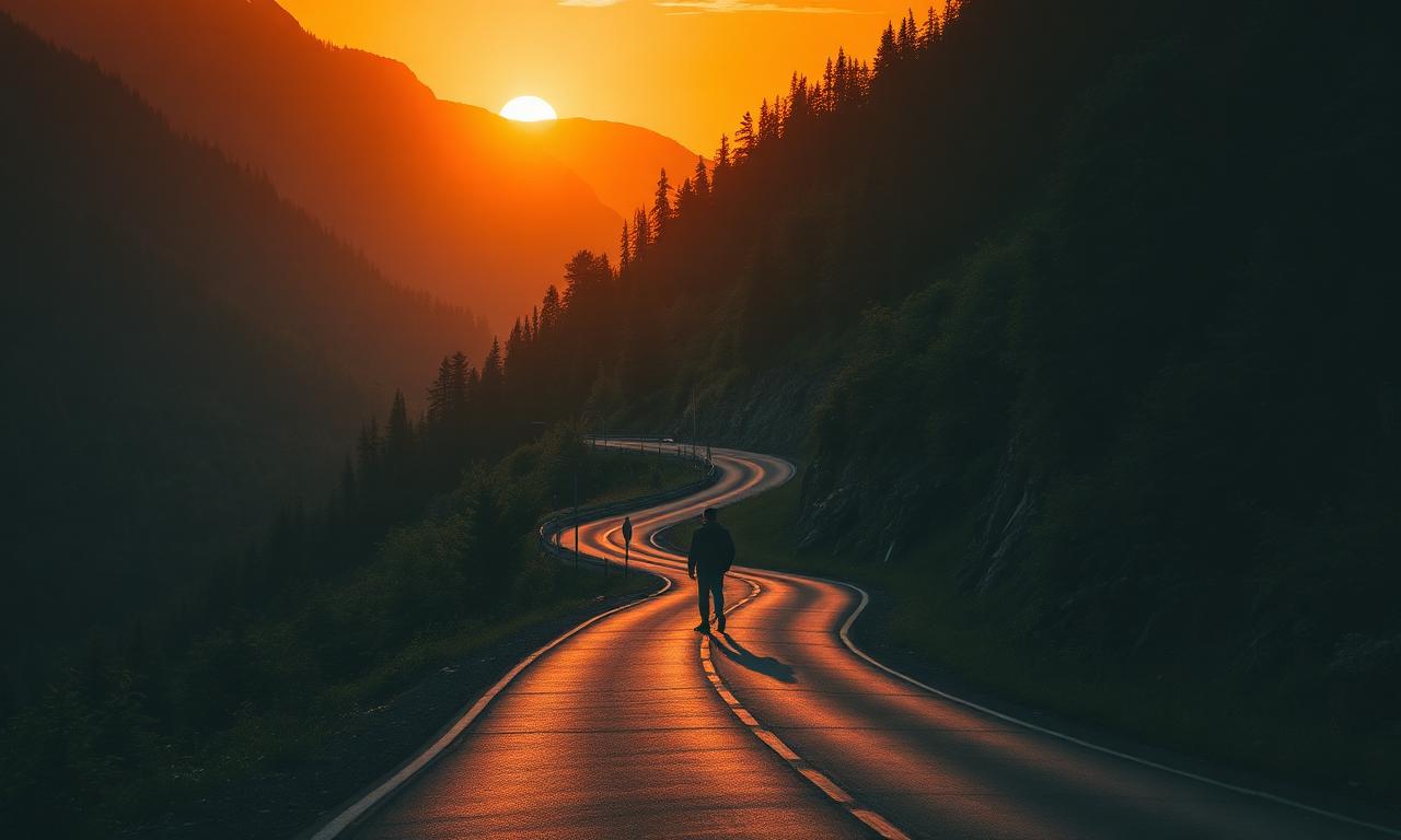 Person on mountain road at sunset