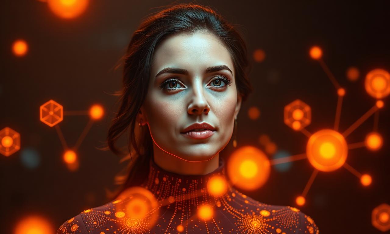 Woman with glowing amber connection icons